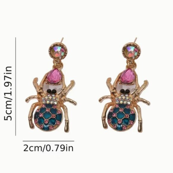 Bejeweled Gold Spider Earrings with Pink and Blue Rhinestone Gems - Picture 2 of 2